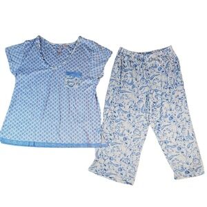 Body Touch Pajama Set Sleepwear Lounge Blue Floral Print Top & Pants L Nwot
